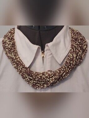 Multi Strand Brown/Cream Seed Bead Necklace w/Carved Wood Hook Clasp 24 in.
